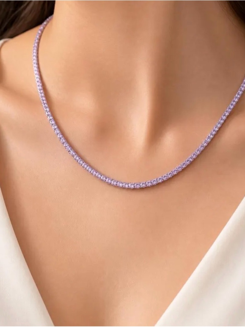 18K Gold Vermeil Amethyst Tennis Necklace Dainty Purple Gemstone Sterling Silver